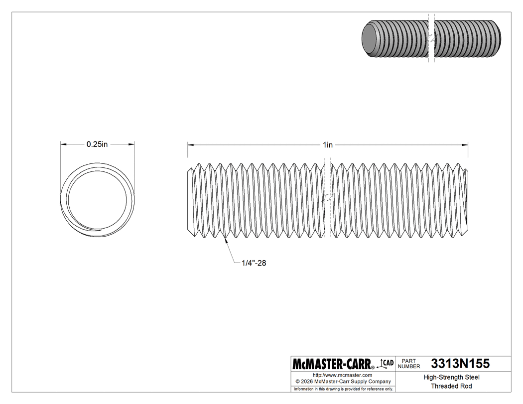 Technical Drawing of High-Strength Steel Threaded Rod, Zinc-Yellow-Chromate Plated, 1/4"-28 Thread Size, 1" Long.